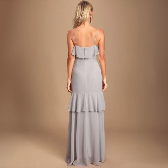 NWT Lulus Cherish the Moment Light Grey Ruffled High-Low Maxi Dress - Size Med - Picture 3 of 12